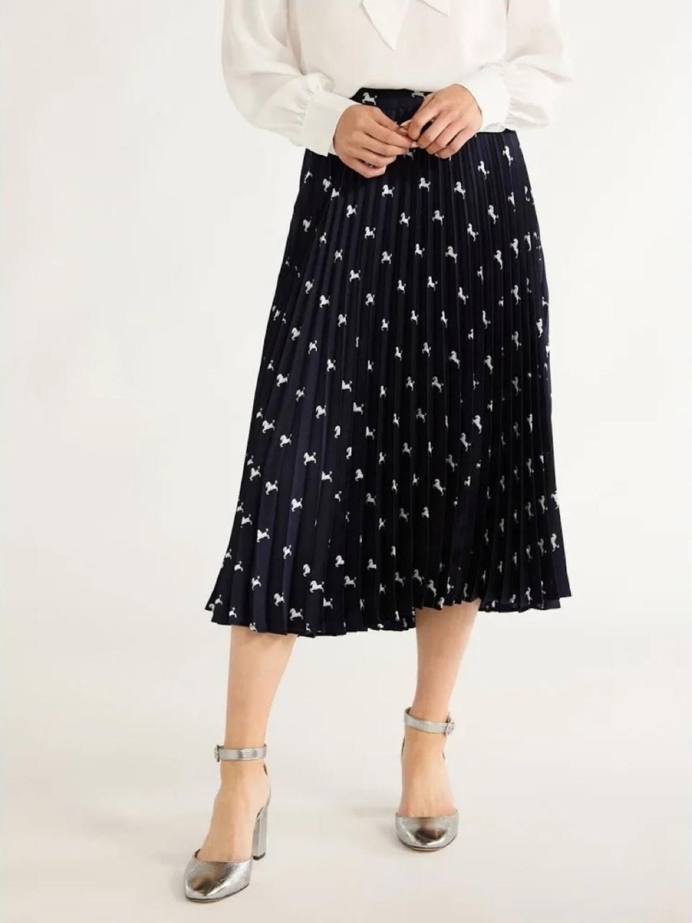 🐎 Pleated Navy Midi Skirt with White Horse Motif